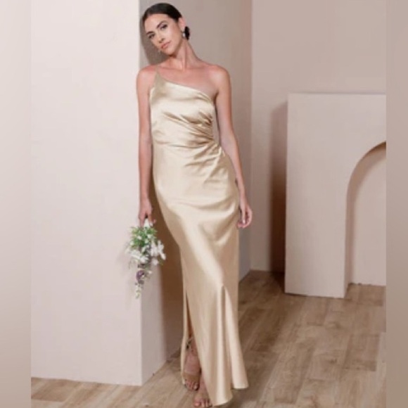 Revelry Jade Satin Maxi One Shoulder Dress in Gold Champagne Size 18